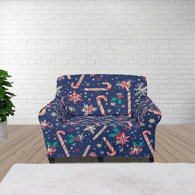 FKELYI Christmas Easy Going Stretch Sofa Slipcover Blue Candy Cane Furniture Protector Easy Going Stretch Sofa Slipcovers with Elastic Bottom S FKELYI