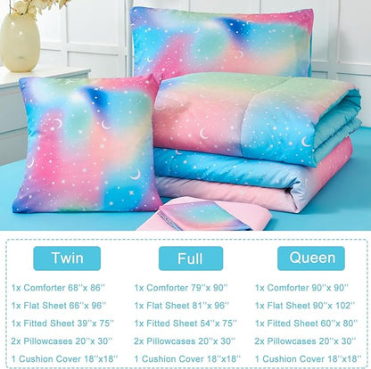 URBONUR Girls Full Bedding Set 6 Pieces Rainbow Comforter Set Full Size Multicolor Stars Printed Bed in a Bag, Soft & Fluffy Kids Bed Sets - LeafyLoom