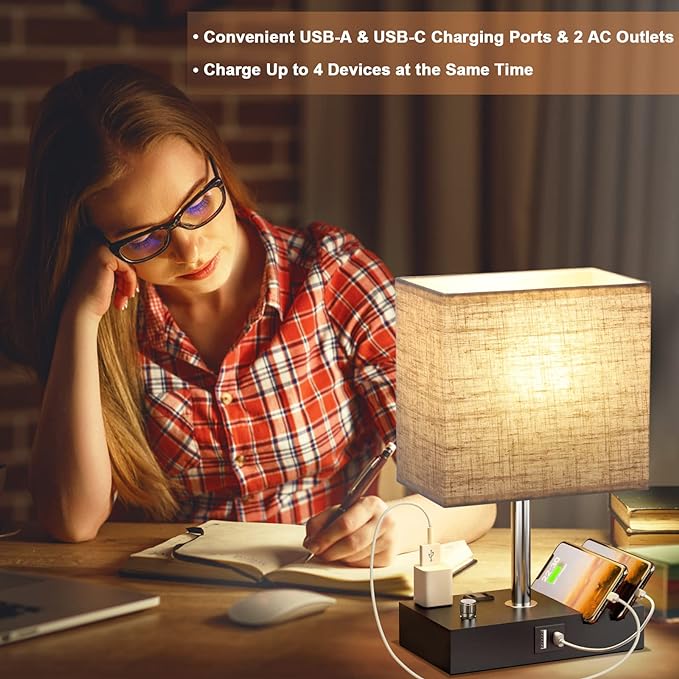 Kakanuo Table Lamp for Bedroom with Dual USB Ports, Beige Fully Dimmable Bedside Lamp with Phone Stands and 2 Charging Outlets, Desk Lamp for Nightstand and Living Room, LED Bulb Included - LeafyLoom