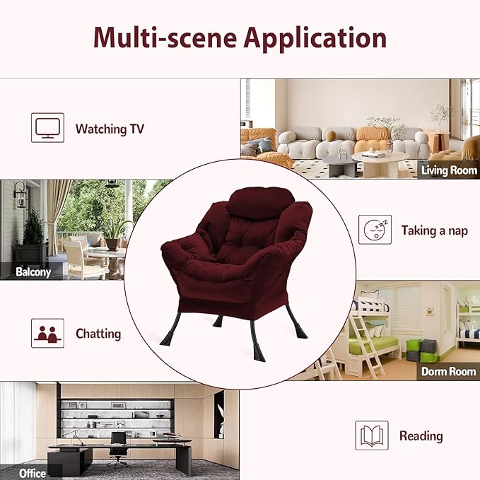 Lazy Chair Thick Padded, Accent Chair Velvet Upholstered with Wide Seat, Stable Metal Frame and Non-Slip Pad, Modern Sofa Armchair with Side Storage Bag for Dorm, Room, Office, Burgundy - LeafyLoom