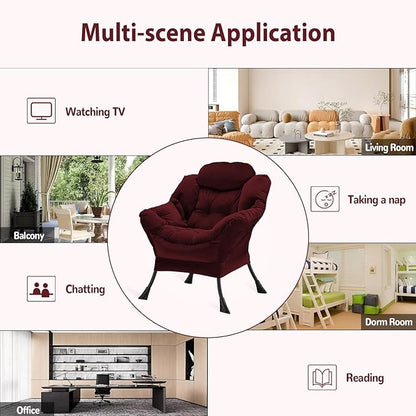 Lazy Chair Thick Padded, Accent Chair Velvet Upholstered with Wide Seat, Stable Metal Frame and Non-Slip Pad, Modern Sofa Armchair with Side Storage Bag for Dorm, Room, Office, Burgundy - LeafyLoom