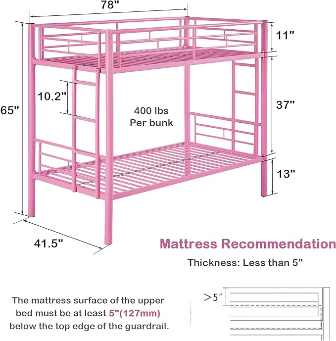 VECELO Metal Bunk Bed Twin Over Twin, Industrial Bunkbeds with Ladder and Full-Length Guardrail, Noise Free, No Boxing Spring Needed, Pink - LeafyLoom