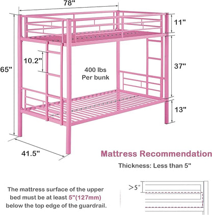 VECELO Metal Bunk Bed Twin Over Twin, Industrial Bunkbeds with Ladder and Full-Length Guardrail, Noise Free, No Boxing Spring Needed, Pink - LeafyLoom