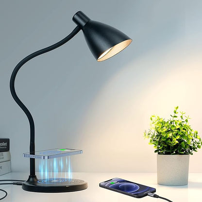 Desk Lamp with Wireless Charger, 12W 1000LM Touch Dimmable Reading Lamp with USB Charging Port, 5 Colors 6 Brightness Eye Care Bedside Table Lamp Gooseneck Desk Light for Home Office - LeafyLoom