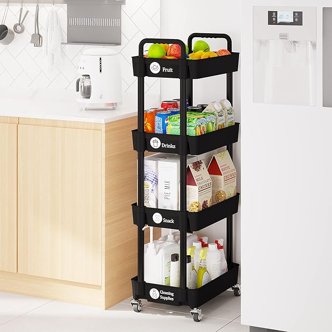 4-Tier Storage Cart,Multifunction Utility Rolling Cart Kitchen Storage Organizer,Mobile Shelving Unit Cart with Lockable Wheels for Bathroom,Laundry,Living Room,With Classified Stickers,Black - LeafyLoom