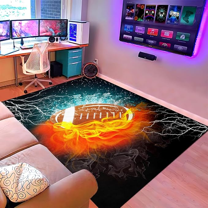 Football Rug Football Decor for Boys Bedroom Football Rug Water and Fire Cool Room Decoration Soccer Rug for Boys Room Football Printed Rug for Kids Room Playmat Rugs for Kids Room Living Room,3'×5' - LeafyLoom