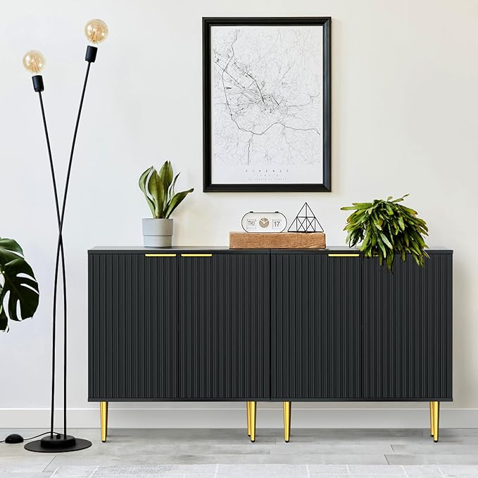 Black Fluted Buffet Cabinet,Wood Sideboard Buffet Cabinet with Adjustable Shelf, Fluted Accent Cabinet with Rose Gold Colored Metal Legs, Storage Cabinet for Living Room,Dining Room,Kitchen - LeafyLoom