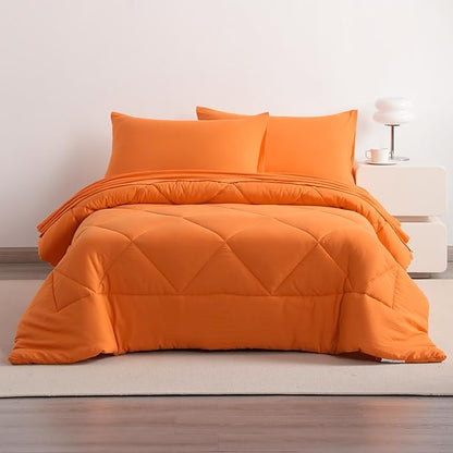 NTBAY Twin Comforter Set with Sheets, 5 Pieces Soft and Breathable Twin Bedding Set, Twin Bed in a Bag, Down Alternative Comforter Set Solid Color All Season, Kids Bedding Set, Orange - LeafyLoom