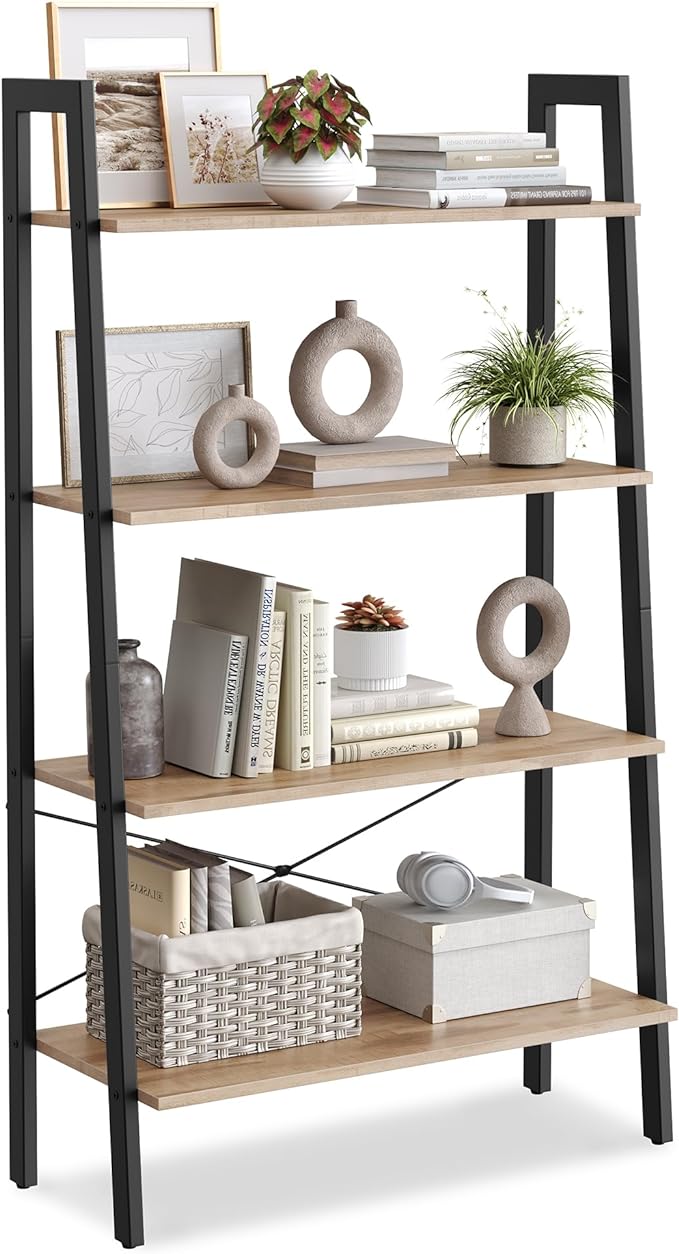 VASAGLE Ladder Shelf, 4-Tier Bookshelf, Storage Rack, Bookcase with Steel Frame, for Living Room, Home Office, Kitchen, Bedroom, Industrial Style, Camel Brown and Black ULLS144B50 - LeafyLoom