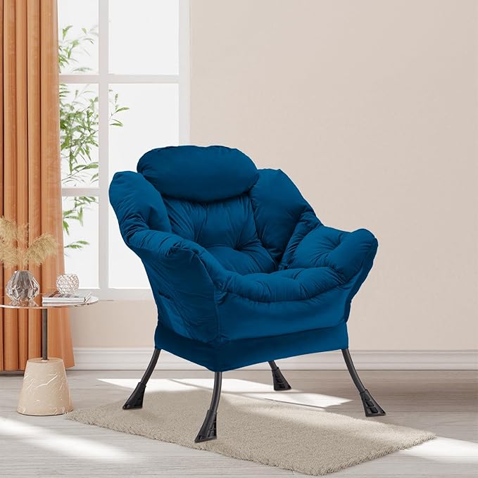 Lazy Chair Thick Padded, Accent Chair Velvet Upholstered with Wide Seat, Stable Metal Frame and Non-Slip Pad, Modern Sofa Armchair with Side Storage Bag for Dorm, Room, Office, Blue - LeafyLoom