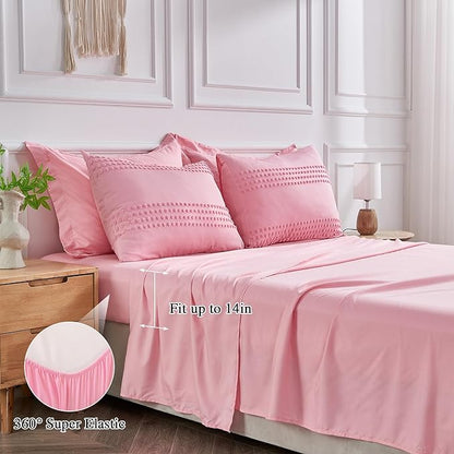 ENJOHOS King Size Comforter Set with Sheets 7 Pieces - Pink King Comforter Set, King Bed in a Bag Set, Boho Tufted Bedding Set with Pom Pom Design, Lightweight Soft Microfiber Comforter Bed Set - LeafyLoom