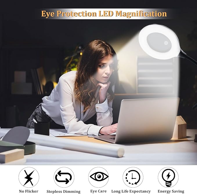 LED Magnifying Lamp with Light, 10X Desk Magnifying Glass with Lamp and Stand,Lighted Hands Free Flexible Gooseneck Professional Cool Light Lamp for Craft,Reading, Seniors, - LeafyLoom