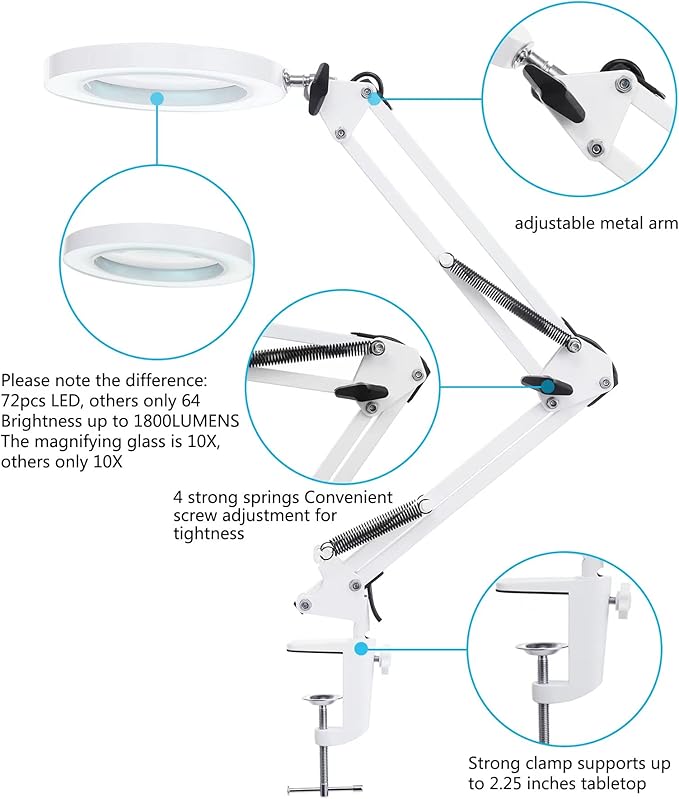 LED Magnifying Lamp with Clamp, 8-Diopter, 10X Real Glass Lens, 3 Color Modes and Stepless Dimmable Magnifier Desk Lamp,Adjustable Swivel Arm Lighted Magnifying Glass for Repair Craft Close Work-White - LeafyLoom