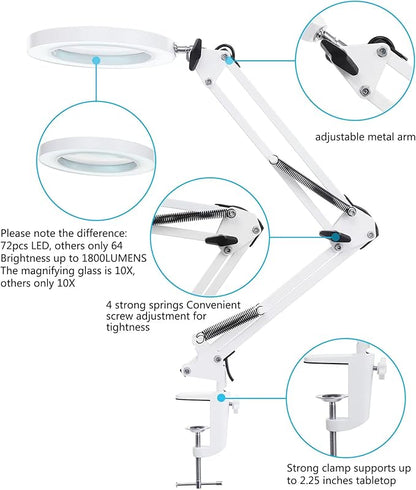 LED Magnifying Lamp with Clamp, 8-Diopter, 10X Real Glass Lens, 3 Color Modes and Stepless Dimmable Magnifier Desk Lamp,Adjustable Swivel Arm Lighted Magnifying Glass for Repair Craft Close Work-White - LeafyLoom