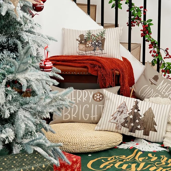 GEEORY Christmas Pillow Covers 12 x 20 Set of 4, Striped Wooden Tree Snow Sleigh Merry Bright Xmas Holiday Decor Decorative Throw Cushion Case Decoration for Home Party Sofa Couch (Brown) G399-12 GEEORY