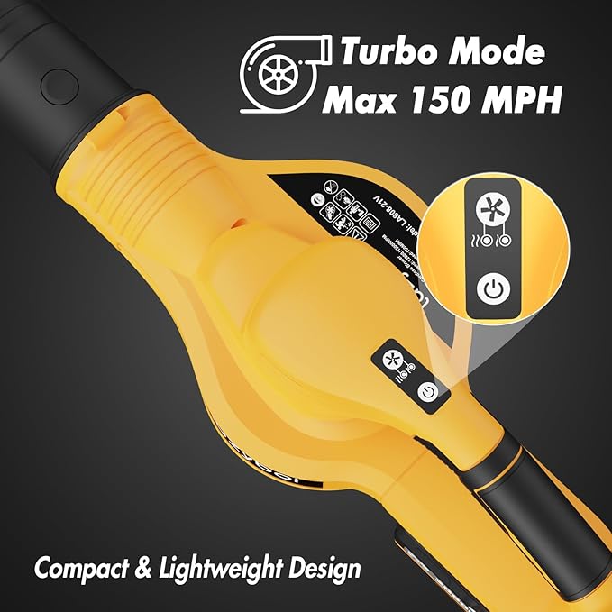 Leaf Blower Cordless - 21V Electric Cordless Leaf Blower with 2 Batteries and Charger, 2 Speed Mode, 2.0Ah Lightweight Battery Powered Leaf Blowers for Lawn Care, Patio, Blowing Leaves Lemon Yellow - LeafyLoom