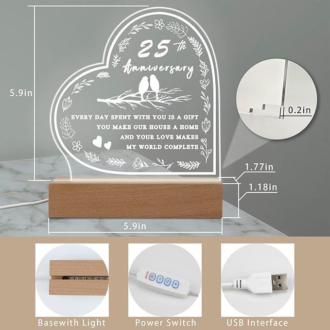 25th Anniversary Wedding Gift,25th Anniversary Dimmable Night Light for Couples,Parents,Husband & Wife,25th Anniversary for Christmas with Gift Box - LeafyLoom