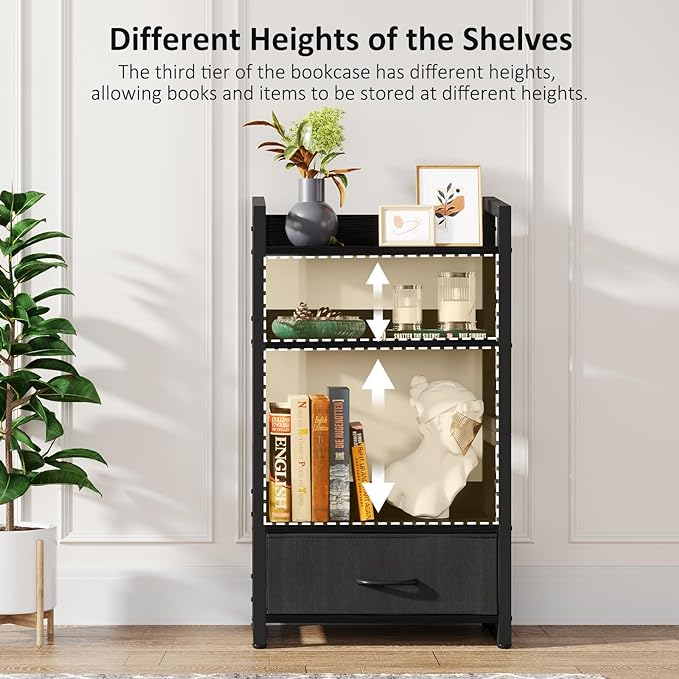 Small Bookshelf with Drawer: 4-Tier Wood Book Shelf Industrial Narrow Bookcase Storage Organizer Metal Stackable Shelves for Desktop Bedroom Living Room Home Office (Black) - LeafyLoom