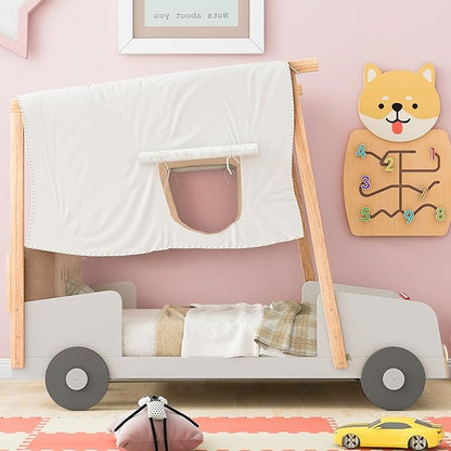 Twin Size Car Bed with Ceiling Cloth,Wood Car-Shaped Bed Frame with Pillow and LED Light for Kids Girls Boys, No Box Spring Needed, Natural - LeafyLoom