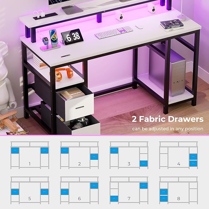 GreenForest Computer Desk with 2 Drawers and Power Outlets,50 Inch Office Desk with 2 Monitor Stands and Fabric File Cabinet, Reversible Gaming table with Led Lights and Shelves, Work Desk, White - LeafyLoom