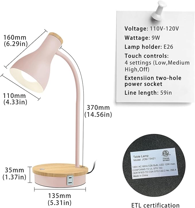 Metal Desk Lamp Touch Reading Lights Table Lamp Arc Desk Lamps for Bedroom, 3 Way Dimmable Bedside Lamp with USB Charging Ports, Reading Lamp for Study Room and Office (Pink-02) - LeafyLoom