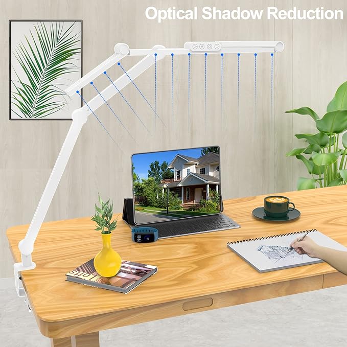 Micomlan Led Desk Lamp for Home Office, White Architect Desk Lamp with Clamp for Crafting, 24W Bright Rotatable Led Desk Light Stepless Dimming Tempering Wide Table Light with Atmosphere Lighting - LeafyLoom