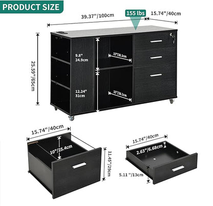 YITAHOME 3 Drawer File Cabinet with Charging Station, Home Office Furniture, Black - LeafyLoom