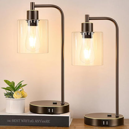 Industrial Touch Table Lamps Set of 2 - Bedside Lamps with 2 USB Ports & AC Outlet, 3-Way Dimmable Nightstand Desk Lamp for Bedroom Living Room, Glass Shade & 2 LED Bulbs Included - Oil-Rubbed Bronze - LeafyLoom