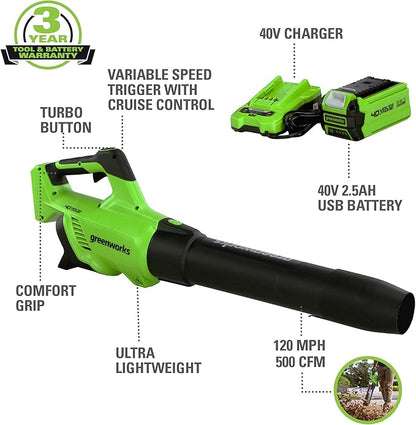 Greenworks 40V (120 MPH / 500 CFM / 75+ Compatible Tools) Cordless Axial Leaf Blower, 2.5Ah Battery and Charger Included - LeafyLoom