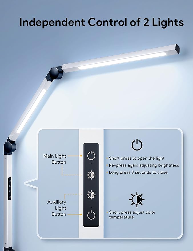 MediAcous LED Desk Lamp with Clamp, Dual Light Desk Lamp with Swing Arm, Dimmable 4 Color Modes & 4 Brightness Table Lamp, Eye-Caring Clip-on Lamp with Memory Function for Home Office, White - LeafyLoom