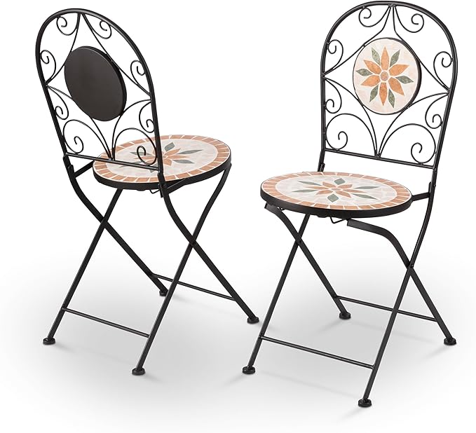 Alpine Corporation Indoor/Outdoor 3-Piece Mosaic Bistro Set Folding Table and Chairs Patio Seating, Tan - LeafyLoom