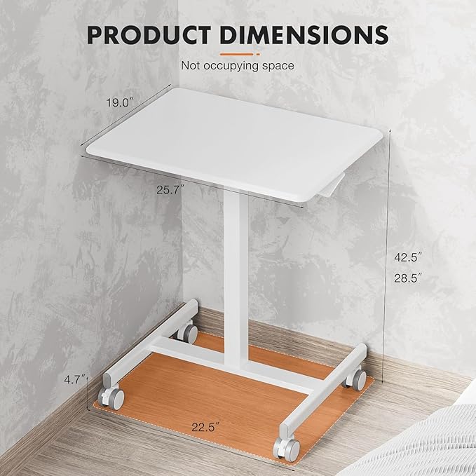 edx Small Mobile Rolling Standing Desk - Overbed Table, Teacher Podium with Wheels, Adjustable Work Table, Rolling Desk Laptop Computer Cart for Home, Office, Classroom, White - LeafyLoom