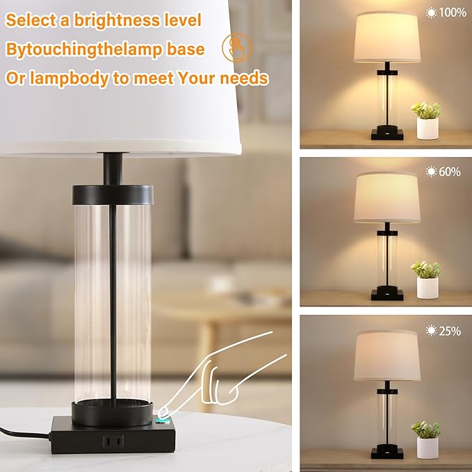 Nightstand Table Lamps for Bedrooms Set of 2 - 3 Way Dimmable Touch Bedside Lamps with USB C+A & Outlets, Black Living Room Lamps with Glass Body for End Tables, Modern Night Stand Lamps for Bedside - LeafyLoom