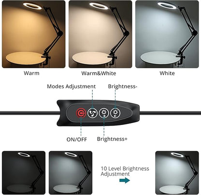 Magnifying Glass with Light, 8X Magnifying Desk Lamp with Clamp 3 Lighting Color Modes,Adjustable Swivel Arm 10 Brightness Levels LED Magnifier Desk Lamp for Reading Repair(Arm Length:29inch) - LeafyLoom