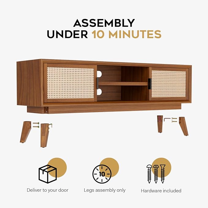 Bme Jasper Premium Solid Wood, 10 Minutes Assembly (Legs Only), Aesthetic Rattan Doors, Mid Century Entertainment Center for Living Room, TV Stand for 65" TV, Dark Chocolate - LeafyLoom