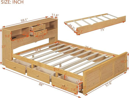 Full Size Wood Pltaform Trundle and 3 Drawers/Upper Shelves,Multifunctional Storage Bed Frame,W/a Set of USB Ports & Sockets,for Apartment,Bedroom,Living Room,Natural - LeafyLoom