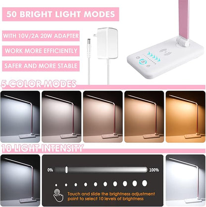 LED Desk Lamp with Wireless Charger, USB Charging Port, Desk Lighting with 10 Brightness, 5 Color Modes, Dimmable Eye Caring Reading Desk Lamps for Home Office, Touch Control, Auto Timer, Pink - LeafyLoom