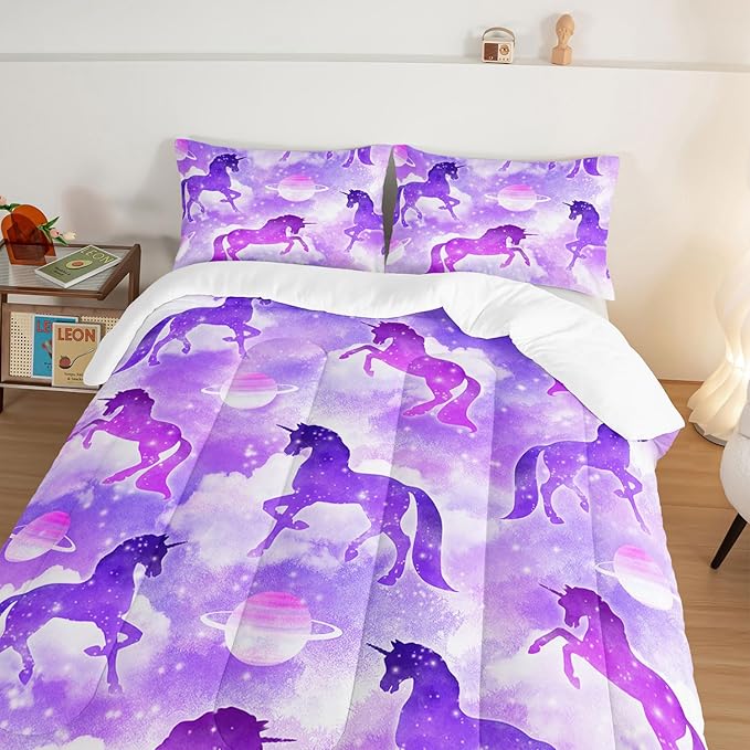 HOSIMA Purple Unicorn Bedding Sets for Girls Kids,3 Piece Soft Microfiber Galaxy Comforter Princess Crib Bedding Set Unicorn Bedroom Decor for Girls Room,Planet Cloud Queen Comforter Set. - LeafyLoom