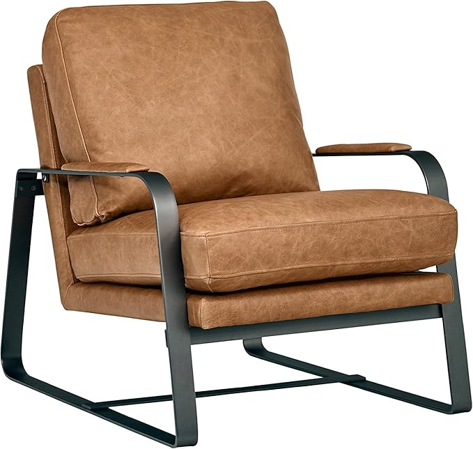 Amazon Brand – Rivet Summit Mid-Century Modern Leather Accent Chair with Steel Arms, Cognac Brown, 35"D x 27.2"W x 27.6"H - LeafyLoom