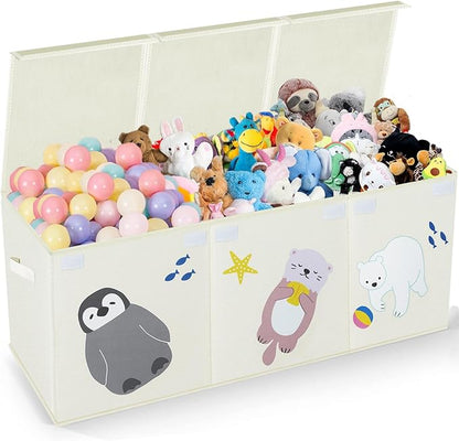 Large Toy Box Storage Chest,Sturdy Toys Storage Organizer Bin Basket with Dividers and Lids for Toddlers,Boys,Girls,Nursery,Closet,Living Room Area,Playroom(Beige Animals) - LeafyLoom