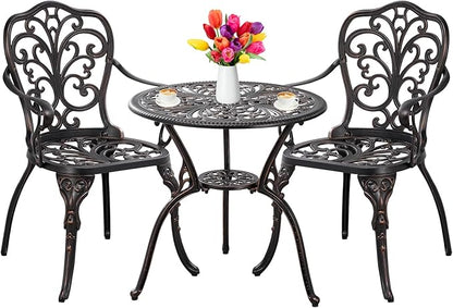 Outdoor Bistro Table and Chairs Set of 2 Cast Aluminum Patio Bistro Set with Umbrella Hole, All Weather Bistro Table Set for Garden, Bronze - LeafyLoom