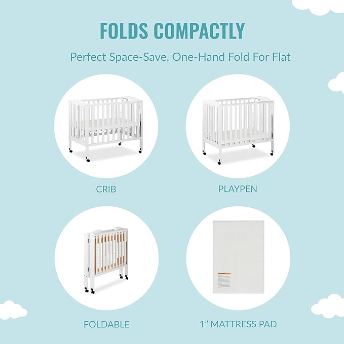 3 in 1 Portable Folding Stationary Side Crib in White, Greenguard Gold Certified, Safety Wheel with Locking Casters, Convertible, 3 Mattress Heights - LeafyLoom