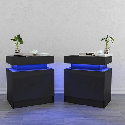 HOMMPA Set of 2 LED Nightstands Black Nightstand with Led Lights Modern Night Stand with 2 High Gloss Drawers Led Bedside Table Smart Nightstand for Bedroom 20.5” Tall - LeafyLoom