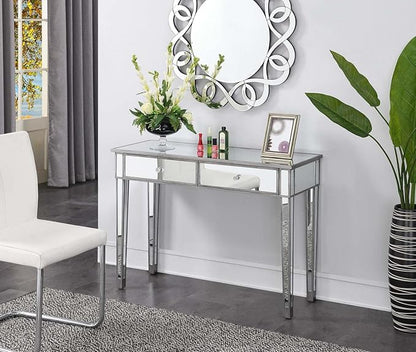 Convenience Concepts Gold Coast Mirrored Desk 42" - Console Table with 2 Drawers for Storage in Living Room, Office, Antique Silver/Mirror - LeafyLoom