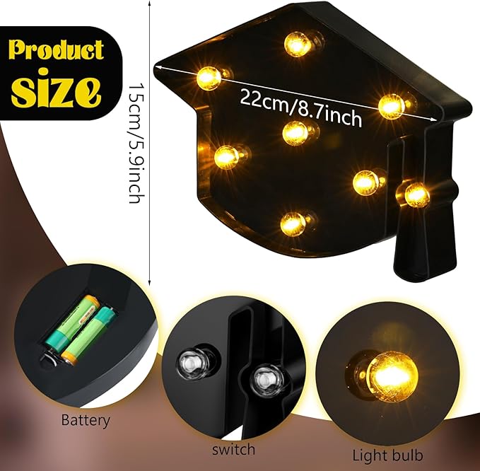 VIHOSE Graduation Bachelor Cap Lights Sign Table Decoration Light up Decoration Battery Powered Graduation Hat for Home Bar Party Bedroom Tabletop Decoration Graduation Gift VIHOSE