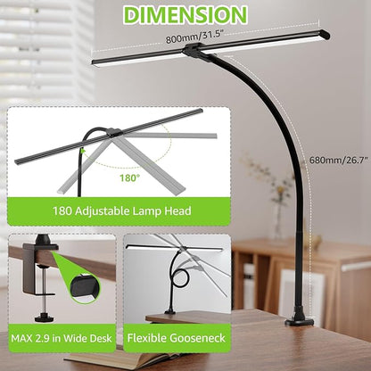 ShineTech LED Desk Lamp for Home Office, 3000K Warm White Double Head Architect Task Lamps with Clamp, Dimmable Adjustable Flexible Gooseneck, Black - LeafyLoom