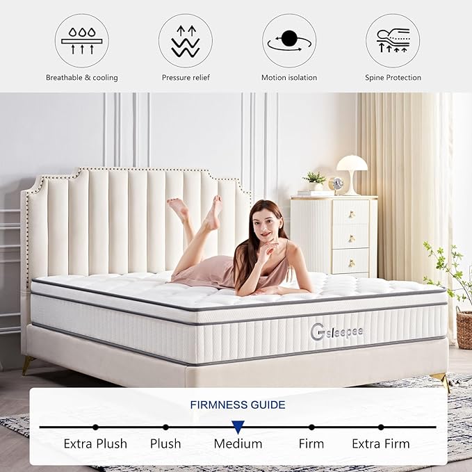 King Mattress, 12 Inch Size Gel Memory Foam Mattress, Individually Inner Spring Hybrid Mattresses, Medium Firm colchones in a Box, Pressure Relief - LeafyLoom