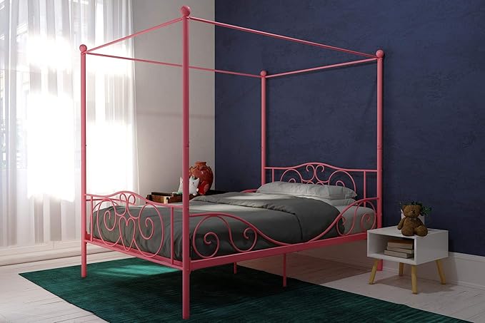 DHP Metal Canopy Kids Platform Bed with Four Poster Design, Scrollwork Headboard and Footboard, Underbed Storage Space, No Box Sring Needed, Full, Pink - LeafyLoom