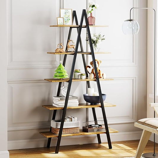 5-Tier Ladder Bookshelf, Industrial A-Shaped Bookcase, Christmas Village Display Stand, Tall Ladder Shelf Storage Organizer for Living Room, Home Office, Black - LeafyLoom