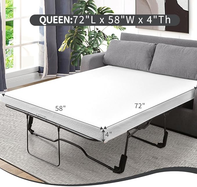 4Inch Memory Foam Sofa Bed Replacement Mattress for Queen Size Sleeper Sofa & Couch Beds - Made in USA - Washable Material/Non-Slip Base - Sofa Not Included - 72”L x 58”W x 4”H - LeafyLoom